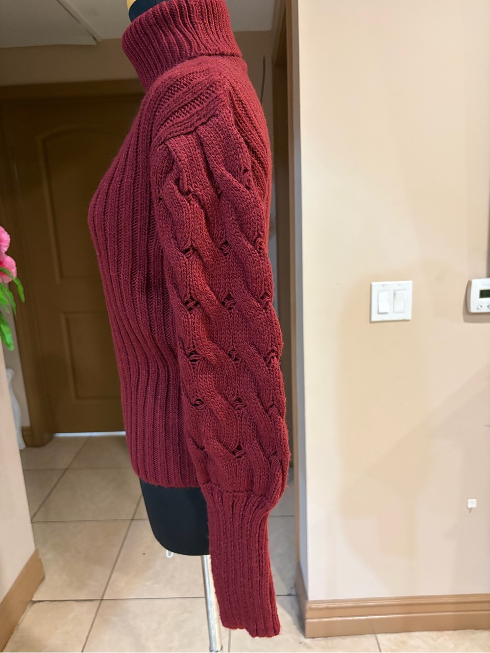Moon River Ribbed Cable-Sleeve Turtleneck Sweater in Burgundy - Picture 3 of 6